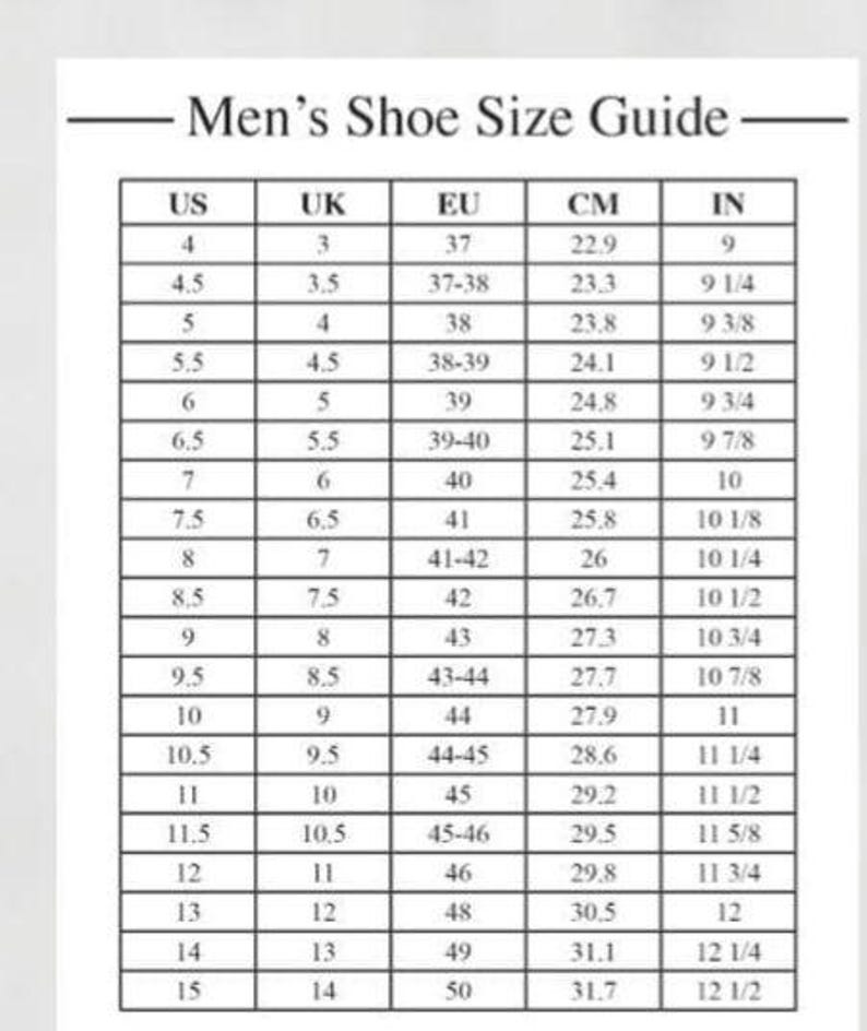 Może przedstawiać: Czarno-biała tabela rozmiar&oacute;w obuwia z nagł&oacute;wkiem Shoe Size Guide. Tabela zawiera kolumny dla rozmiar&oacute;w US, UK, EU, CM oraz IN, wymieniając wartości liczbowe od 4 do 15 dla rozmiar&oacute;w US oraz ich odpowiedniki w innych systemach miar.
