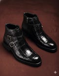 Men's Luxury Black Embossed Crocodile-Pattern Double Monk Strap Ankle Boots