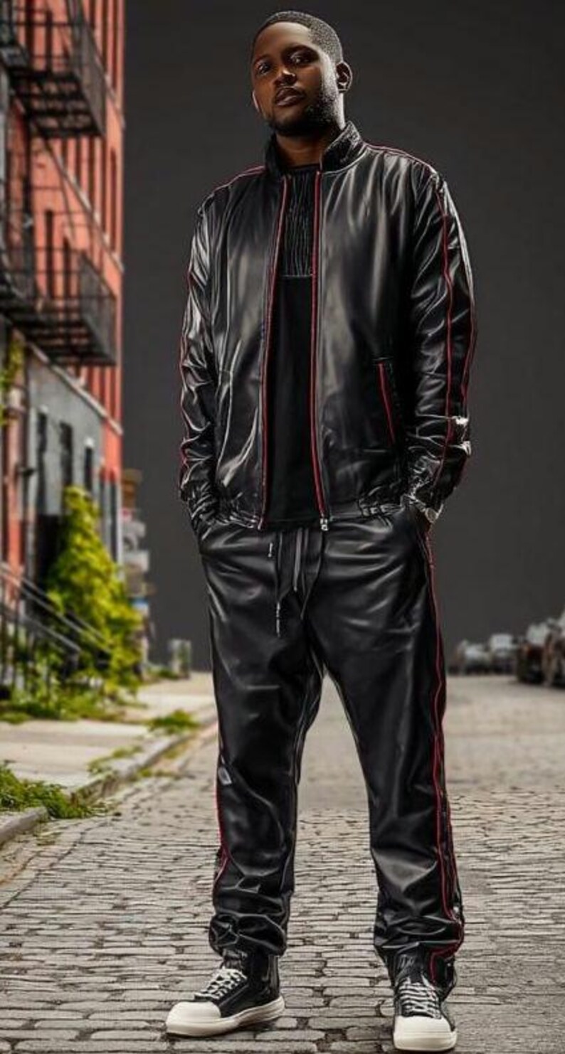 May include: A person wearing a black leather jacket with red trim, a black t-shirt, and black leather pants with red trim. The person is also wearing black and white sneakers. The outfit is a modern take on streetwear.