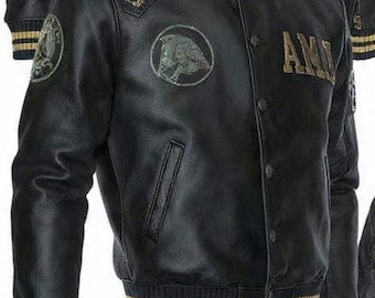 2026 AMJ Autentyczna skórzana kurtka miejska w stylu vintage, bomberka w kolorze czarnym, retro