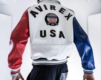 Avirex Leather Varsity Jacket: Embroidered Vintage Style Bomber