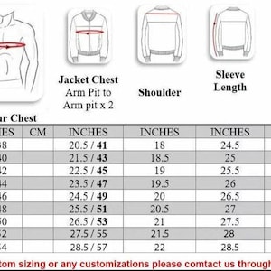 May include: A size chart for jackets, with measurements in inches and centimeters. The chart includes chest, arm pit to arm pit, shoulder, sleeve length, and jacket length measurements for sizes XS to 5XL.