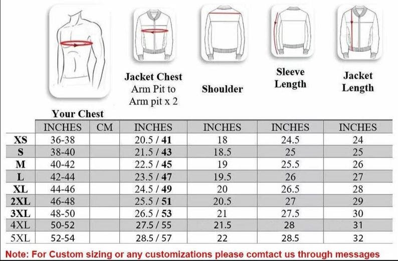 May include: A size chart for jackets, with measurements in inches and centimeters. The chart includes chest, arm pit to arm pit, shoulder, sleeve length, and jacket length measurements for sizes XS to 5XL.