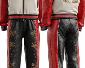 Czarno-czerwony, haftowany i tłoczony skórzany dres dla mężczyzn – elegancki, sportowy styl