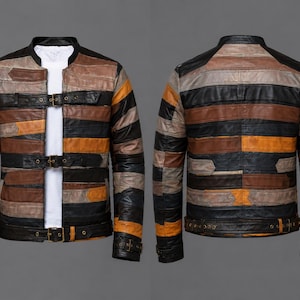 Men's Patchwork Leather Jacket, Handmade Vintage Biker Jacket, Multicolor Genuine Leather Motorcycle Jacket, Steampunk Retro Coat