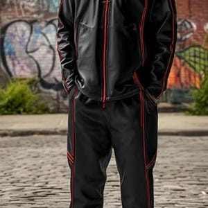 May include: Black tracksuit with red trim. The jacket has a high collar and a zipper. The pants have a straight leg design. The outfit is paired with black and white sneakers. The background features a brick wall and graffiti.