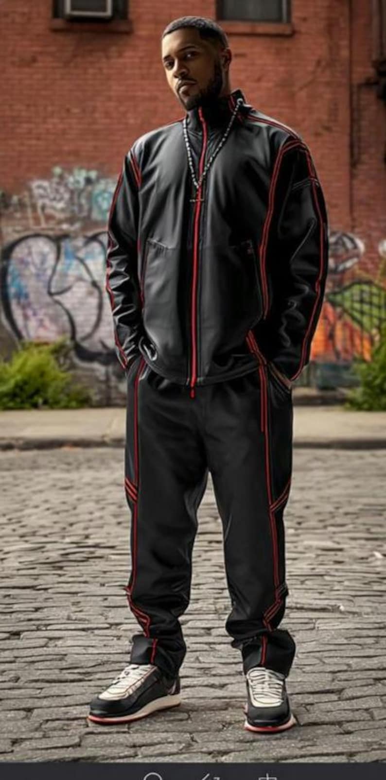 May include: Black tracksuit with red trim. The jacket has a high collar and a zipper. The pants have a straight leg design. The outfit is paired with black and white sneakers. The background features a brick wall and graffiti.