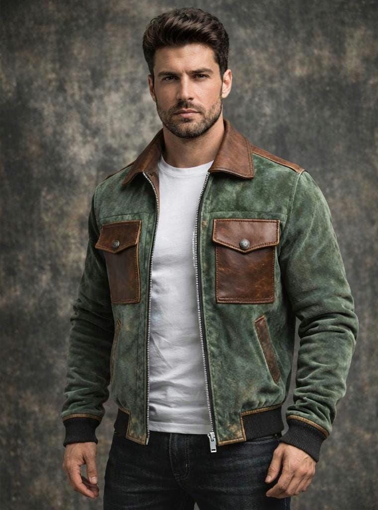 Men's Vintage Green Suede Leather Jacket - Retro Brown Trim Bomber Jacket - Handmade Distressed Military Style Coat - Gift for Him