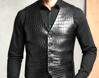 Black Alligator Pattern Leather Vest - Men's Designer Waistcoat