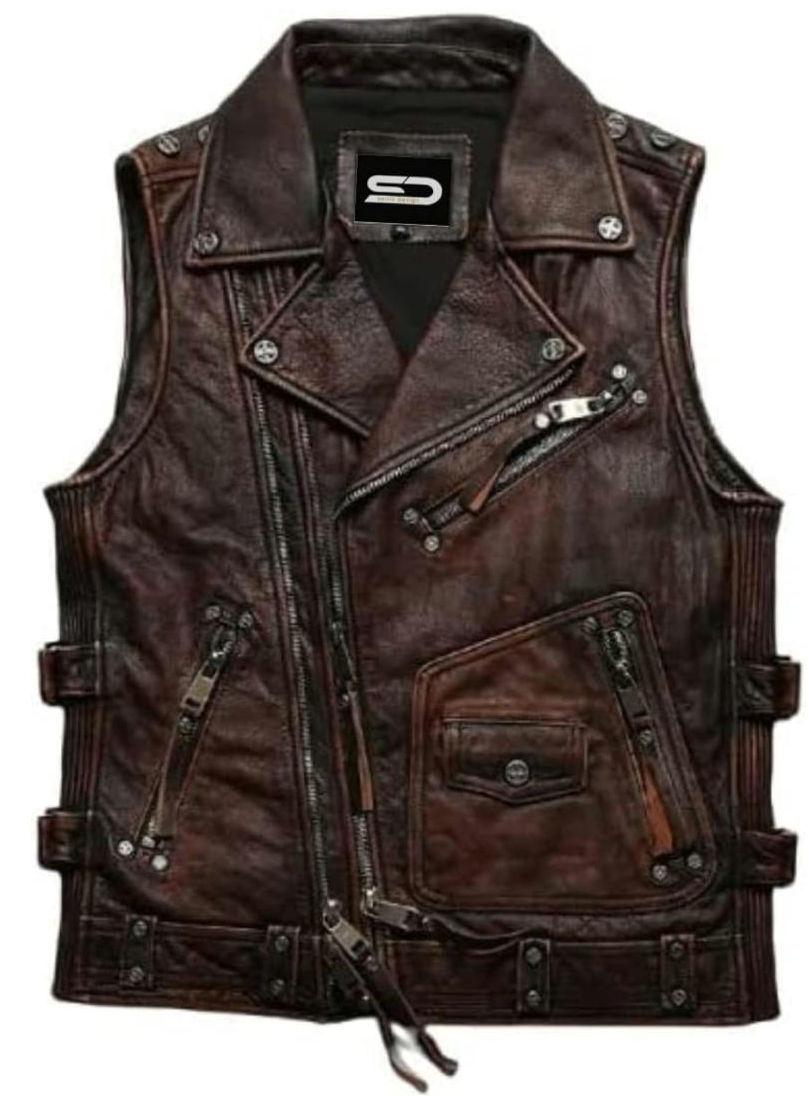 Men's Vintage Negan Brown Cowhide Biker Vest - Sleeveless Motorcycle Leather Waistcoat
