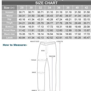May include: Size chart for men's hiking cargo pants, displaying measurements in inches for inseam, waist, hip, thigh, bottom, front rise, back rise, and length. Includes a diagram illustrating how to measure the pants.