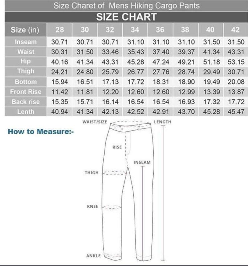 May include: Size chart for men's hiking cargo pants, displaying measurements in inches for inseam, waist, hip, thigh, bottom, front rise, back rise, and length. Includes a diagram illustrating how to measure the pants.