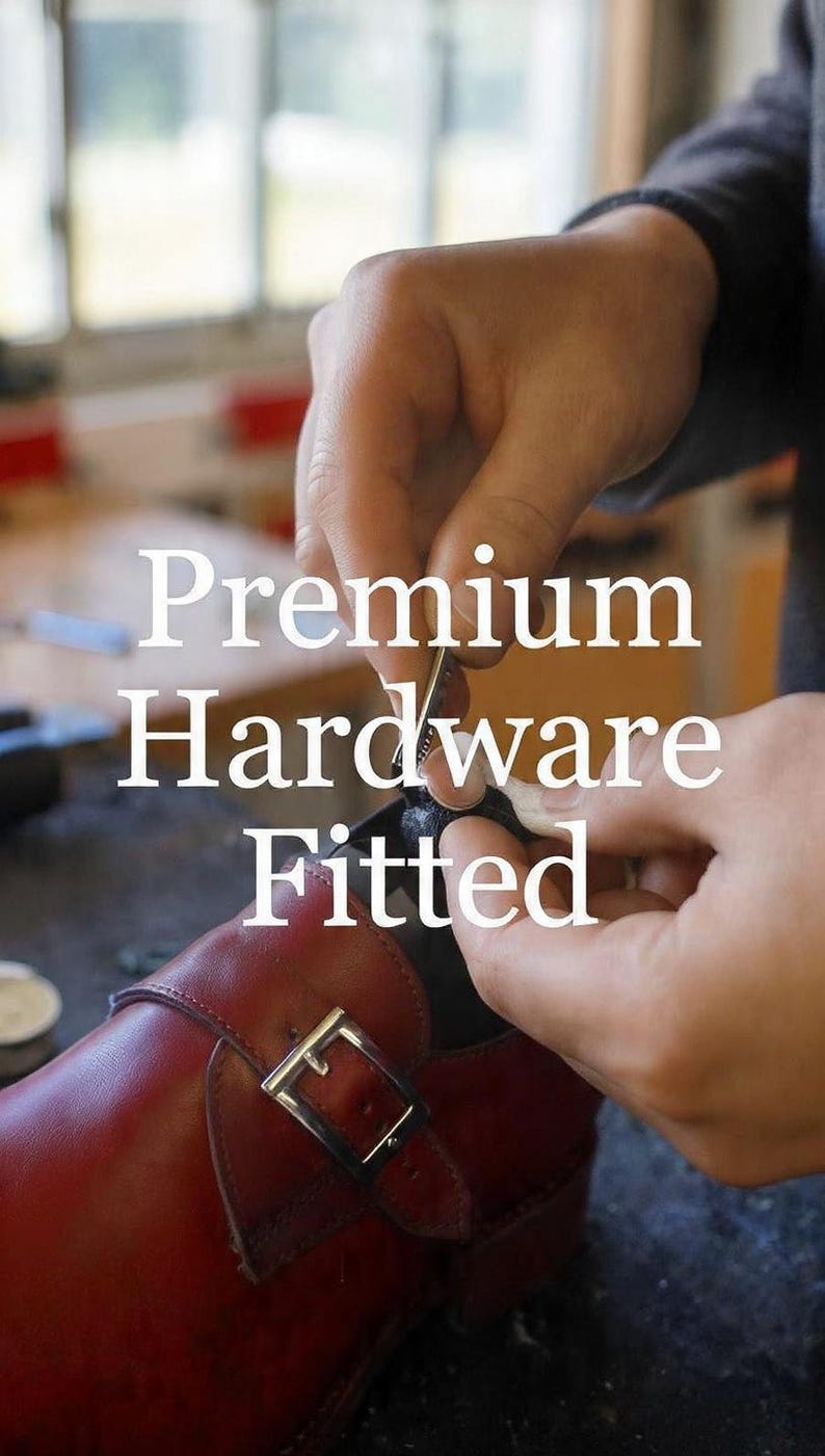 Może przedstawiać: Ciemnoczerwony sk&oacute;rzany but z paskiem z metalową srebrną klamrą. Tekst "Premium Hardware Fitted" jest nałożony w kolorze białym. But jest w trakcie obr&oacute;bki, wyraźnie widać cholewkę ze sk&oacute;ry oraz szczeg&oacute;ł metalowej klamry.