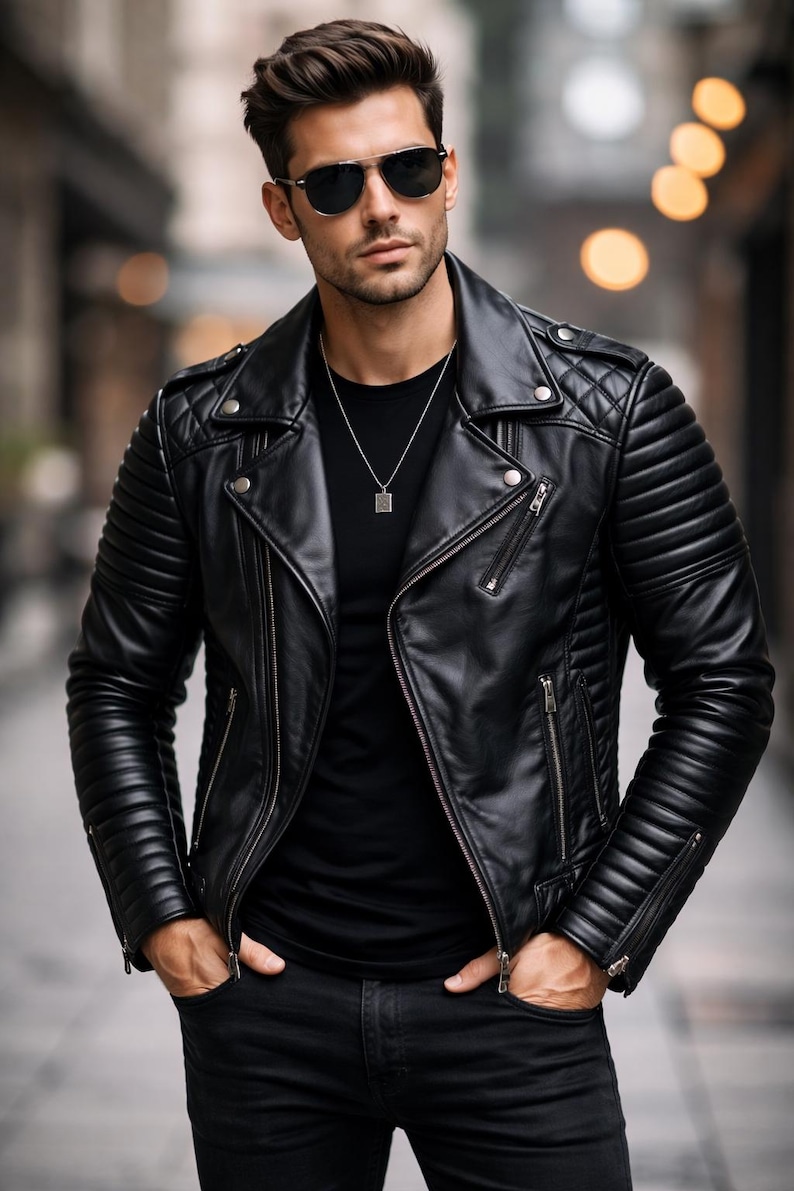 May include: A black leather jacket with a quilted shoulder design and ribbed sleeves. The jacket has a zipper closure and is paired with a black t-shirt and black jeans. The person is wearing sunglasses and a silver necklace.