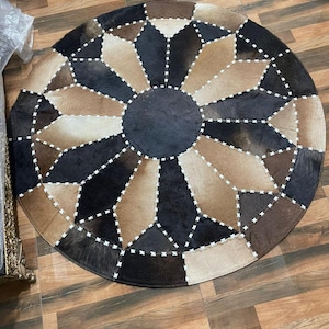 Luxury Round Cowhide Rug Handmade Patchwork Leather Carpet Western Decor