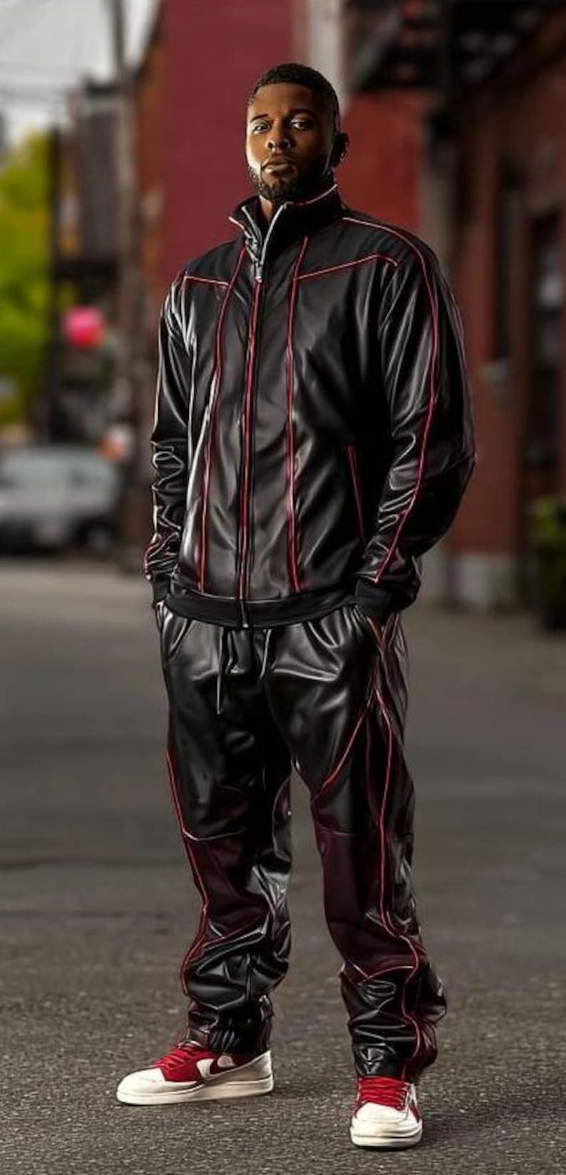 May include: Black tracksuit with red trim. The jacket has a zip-up front and the pants have a drawstring. The outfit is paired with white and red sneakers. The person is standing on a street.