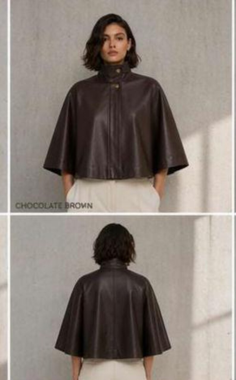 May include: A chocolate brown leather cape with a high collar and button closure. The cape has a wide, flowing silhouette and is shown from the front and back. The text "CHOCOLATE BROWN" is at the bottom of the image.