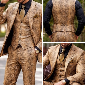 Traje de lujo de 3 piezas de piel de serpiente para hombre – Conjunto de chaleco, chaqueta y pantalón con estampado de pitón – Traje formal de estilo exótico hecho a mano – Boda y graduación
