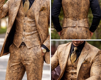 Luxury Snakeskin Leather 3 Piece Suit Set for Men – Python Print Vest Jacket Pants Set – Handmade Exotic Style Formal Outfit – Wedding Prom