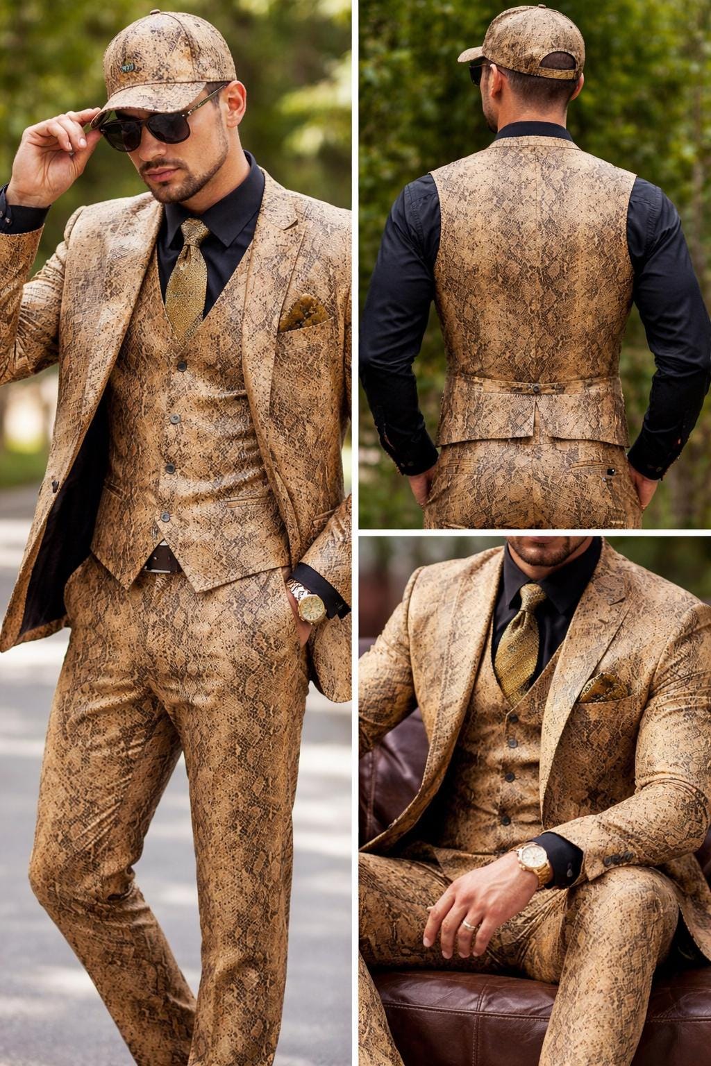 Luxury Snakeskin Leather 3 Piece Suit Set for Men - Python Print Vest Jacket Pants Set - Handmade Exotic Style Formal Outfit - Wedding Prom