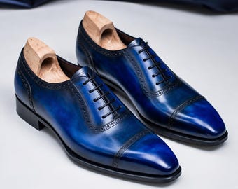 Men’s Blue Patina Oxford Shoes, Handmade Leather Cap Toe Dress Shoes