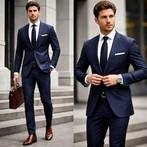 May include: A navy blue suit with a white dress shirt and a dark tie. The suit has a tailored fit, with a two-button jacket and matching trousers. The man is wearing brown leather shoes and a brown leather briefcase.