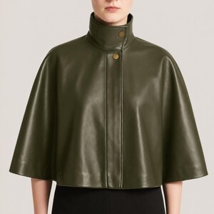 Women Leather Cape Jacket, High Collar Cape Coat, Minimalist Leather Poncho, Luxury Short Cape Jacket, Fall Winter Fashion Outerwear image 14