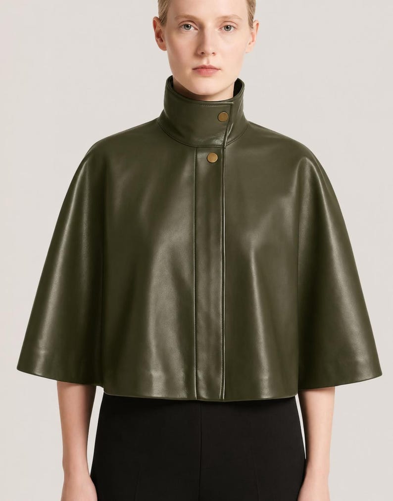 Women Leather Cape Jacket, High Collar Cape Coat, Minimalist Leather Poncho, Luxury Short Cape Jacket, Fall Winter Fashion Outerwear image 14