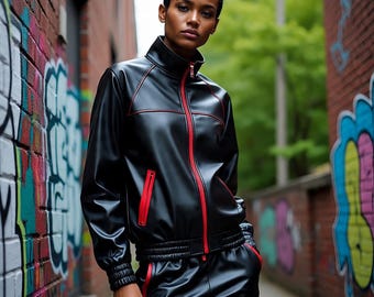 Black Genuine Leather Tracksuit for Men & Women – Premium Streetwear Leather Jacket and Pants Set