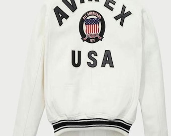 Avirex wit leren varsityjack: vintage bomberjack met geborduurde patch