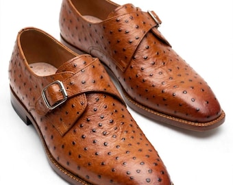 Tan Ostrich Print Leather Shoes Men - Cow Leather Monk Strap Shoes - Brown Embossed Ostrich Dress Shoes - Faux Ostrich Loafers - Formal Shoe