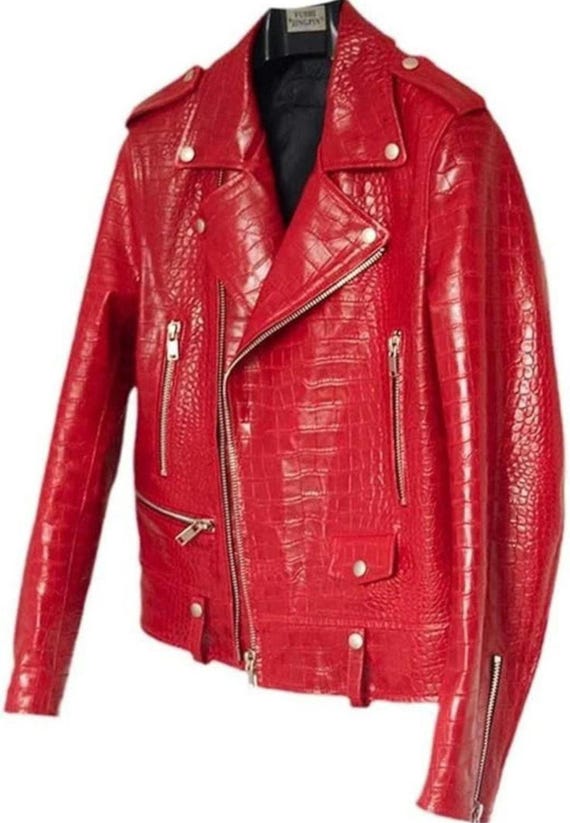 Red Crocodile Embossed Leather Biker Jacket for Men and Women