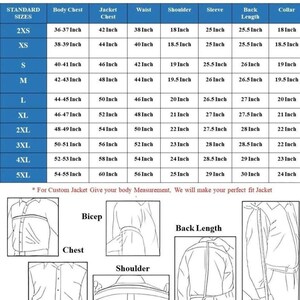 May include: A detailed jacket measurements guide, featuring a table with standard sizes from 2XS to 5XL. Measurements are in inches for body chest, jacket chest, waist, shoulder, sleeve, back length, and collar. Diagrams illustrate measurement points.
