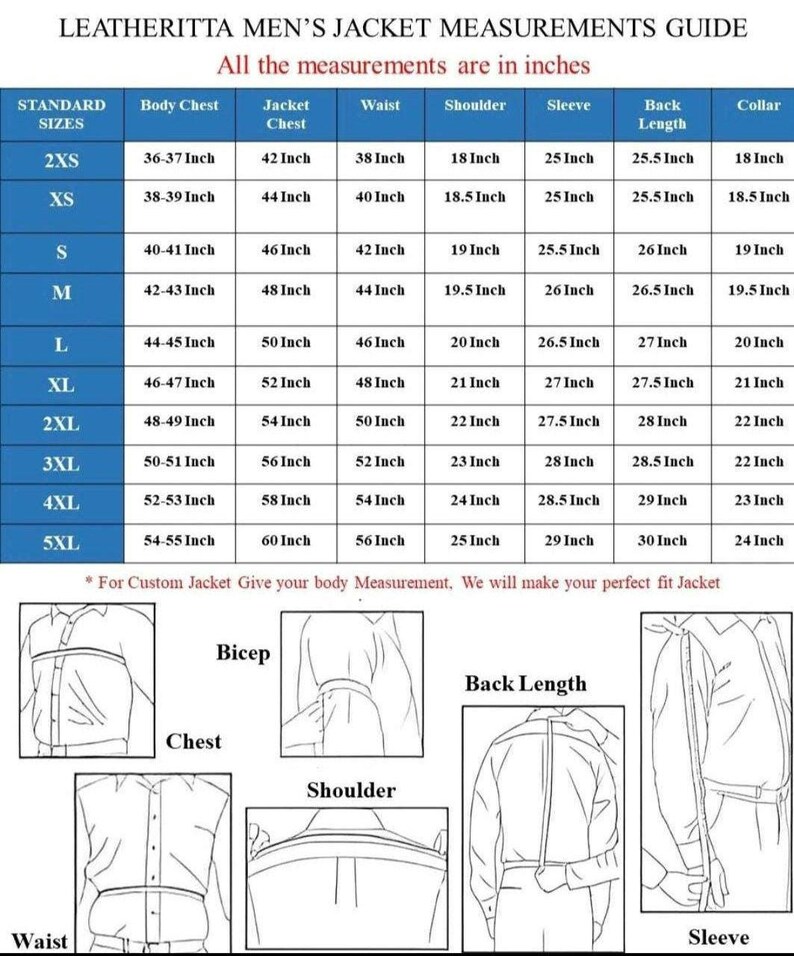 May include: A detailed jacket measurements guide, featuring a table with standard sizes from 2XS to 5XL. Measurements are in inches for body chest, jacket chest, waist, shoulder, sleeve, back length, and collar. Diagrams illustrate measurement points.