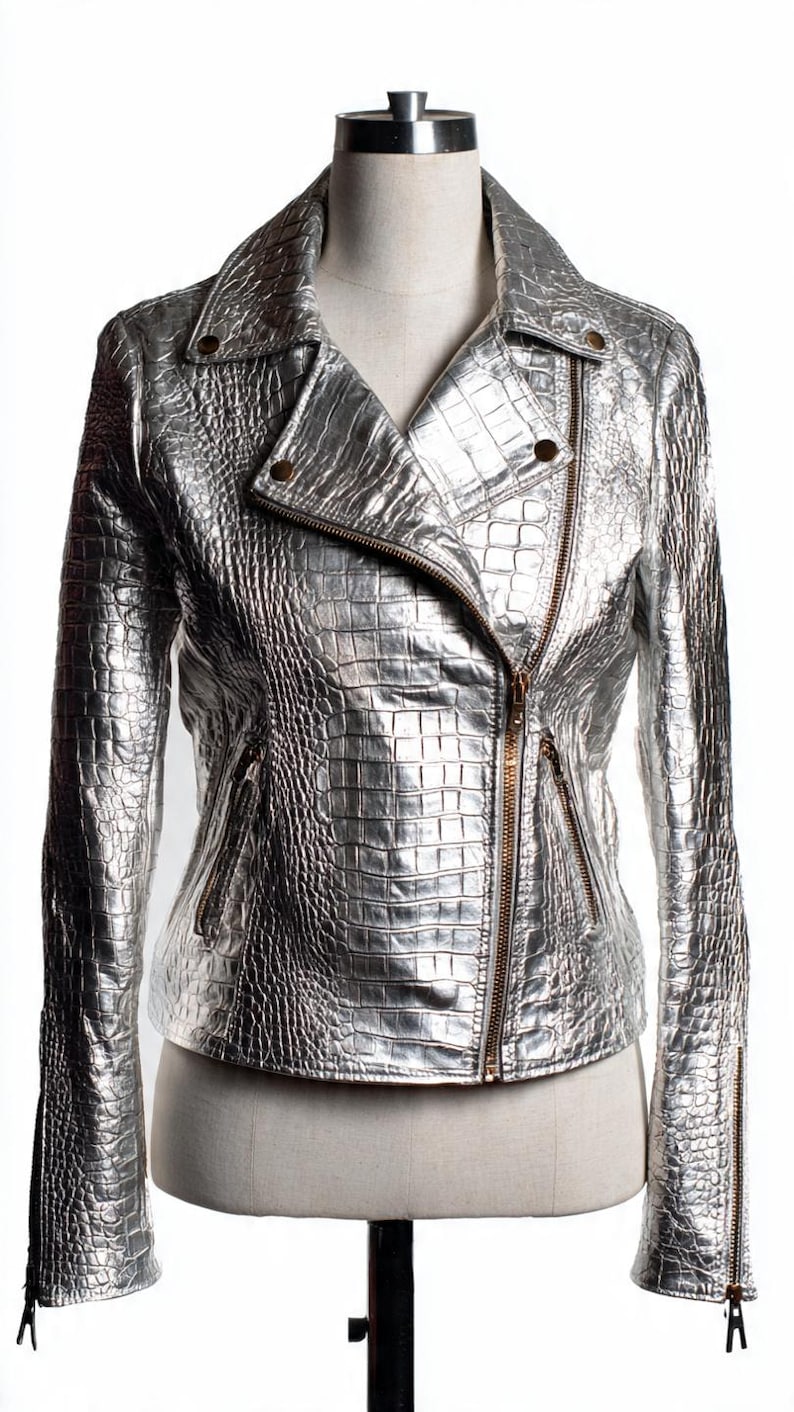 Metallic silver crocodile leather jacket