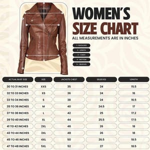 May include: A brown leather jacket with a zipper closure and a size chart. The chart displays measurements in inches for various sizes, including bust, chest, and sleeve lengths. The text "WOMEN'S SIZE CHART" is at the top.