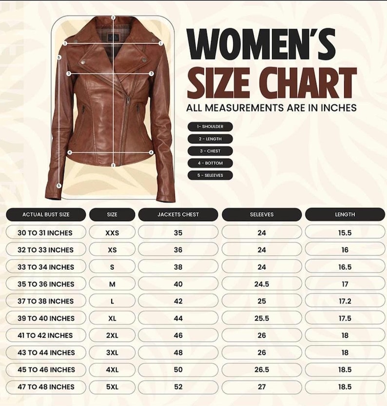 May include: A brown leather jacket with a zipper closure and a size chart. The chart displays measurements in inches for various sizes, including bust, chest, and sleeve lengths. The text "WOMEN'S SIZE CHART" is at the top.