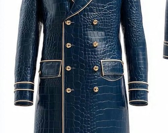 Marineblauw leren herenvest met krokodillenreliëf | Driedelig colbert | Handgemaakt luxe vest met witte biezen | AMJ op maat gemaakt