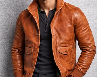 Men’s Vintage Brown Leather Jacket | Handmade Genuine Leather Bomber | Classic Button Front Jacket for Winter & Fall