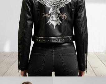 Nieten Leder Motorradjacke Gestickte Adler Bikerjacke
