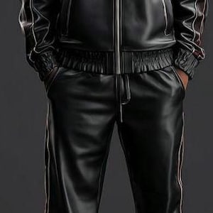 May include: Black leather tracksuit with white and red accents. The jacket has a zip-up front and the pants have a drawstring waist. The outfit is paired with black sneakers with red soles.