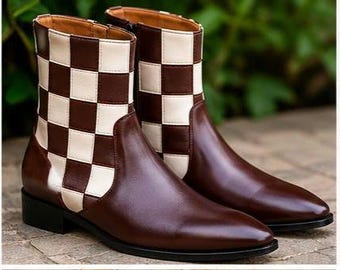 Męskie skórzane botki w szachownicę | Ręcznie robione botki w stylu Chelsea | Modne brązowe skórzane buty | Designerskie buty casualowe
