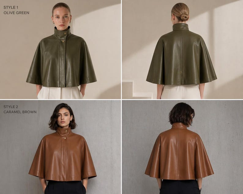 May include: Two leather capes in olive green and caramel brown. Each cape features a high collar and button closure. The olive green cape is styled with white pants, while the caramel brown cape is paired with black pants.