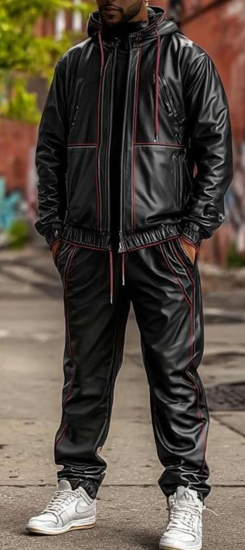May include: Black tracksuit with red trim. The jacket has a hood and a zipper closure. The pants have a drawstring waist. The outfit is worn with white and silver sneakers. The tracksuit is made of a shiny material.