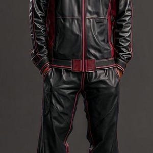 May include: Black leather tracksuit with red trim. The jacket has a zip-up front and a high collar. The pants have a matching red stripe down the side. The outfit is paired with black and white sneakers.