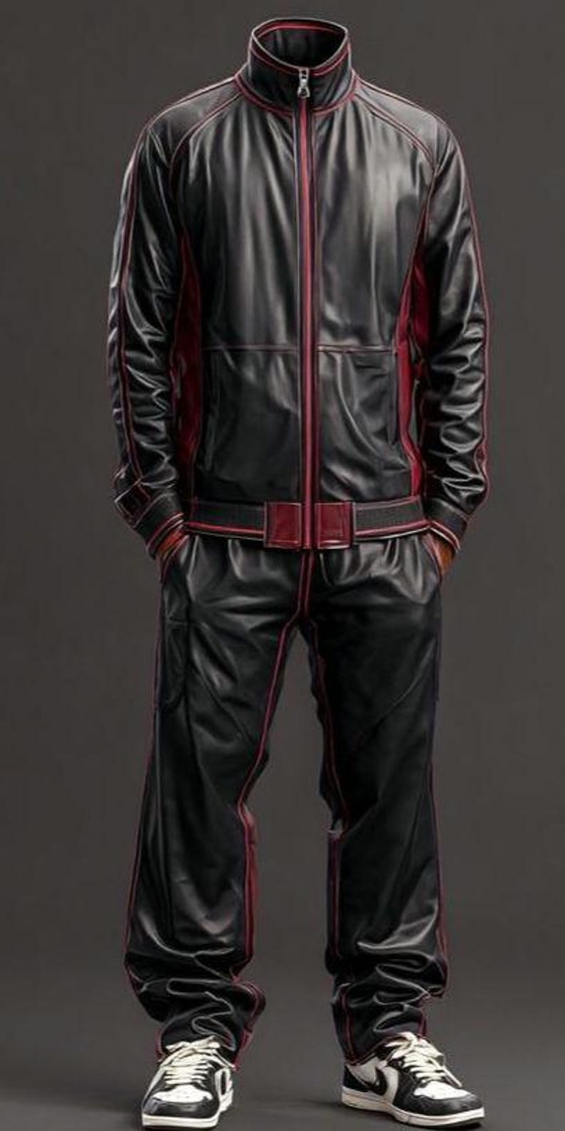 May include: Black leather tracksuit with red trim. The jacket has a zip-up front and a high collar. The pants have a matching red stripe down the side. The outfit is paired with black and white sneakers.