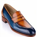 Handmade Two-Tone Patina Penny Loafers | Blue Tan Leather Shoes | Mens Dress Loafers | Custom Size | Wedding Party Shoes
