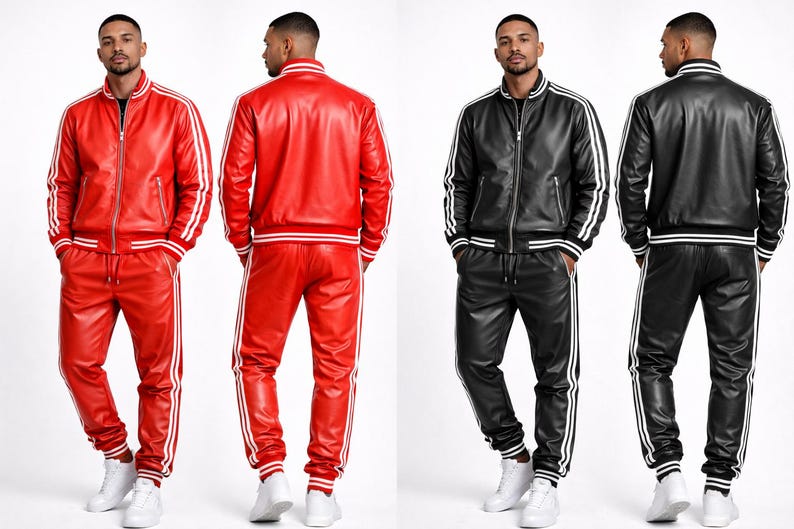 Puede incluir: Se muestran dos ch&aacute;ndales a juego, uno rojo y otro negro. Cada conjunto incluye una chaqueta con cremallera y pantalones a juego con rayas blancas en las mangas y las piernas. Los conjuntos son de material brillante y se combinan con zapatillas blancas.