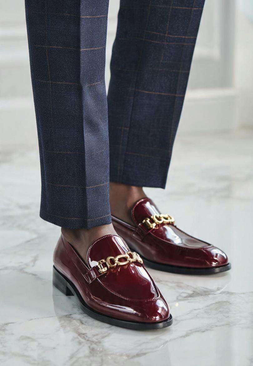 Burgundy Leather Horsebit Loafers | Mirror Formal Shoes | Men's Luxury Wedding Loafers | Gold Buckle Dress Shoe