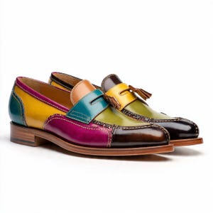May include: A pair of multi-colored leather loafers featuring a patchwork design in shades of yellow, magenta, teal, olive green, and dark brown. These slip-on shoes include a classic penny loafer strap, decorative tassels, and a stacked heel.